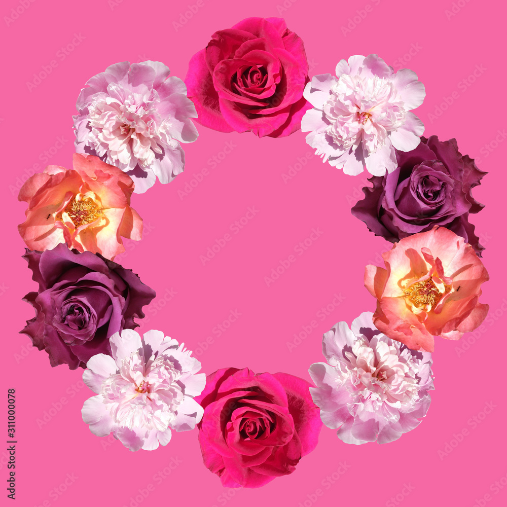Beautiful floral circle of peonies and roses. Isolated
