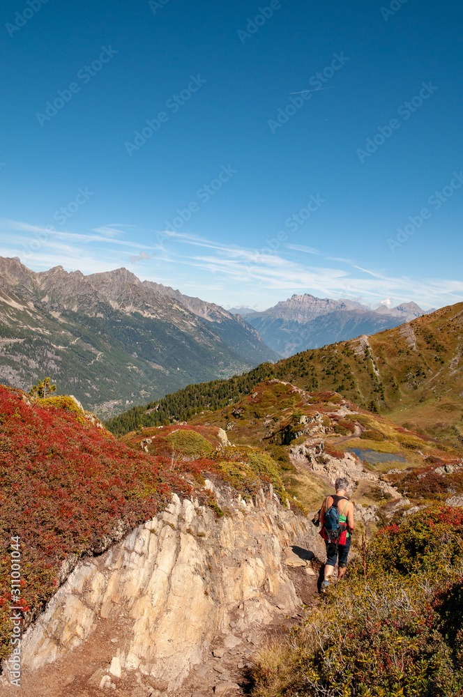 Hiking in the French Alps near Le Tours looking towards Switzerland