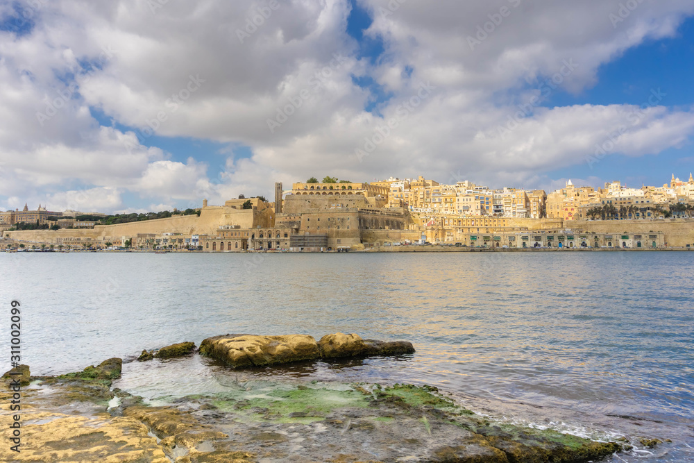 Panoramic view of Valletta city coastline from Birgu city coast