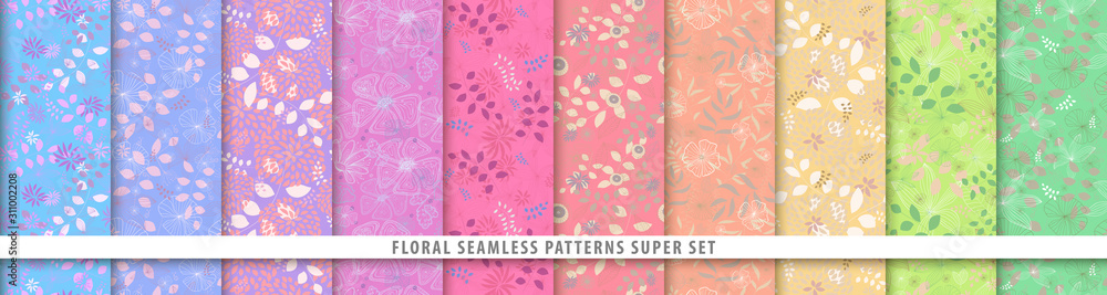 Floral seamless patterns bundle set. Flowers and leaves. Colorful vector background. Fabric and textile print