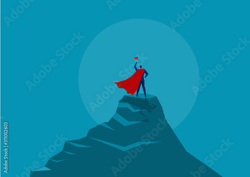 Businessman Hero holding red flag and standing on the top of the mountain under the sun. illustrator