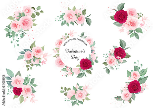 Set of floral arrangements and frame. Flowers illustration decoration of red and peach flowers, leaves, branches. Vector botanic elements for wedding or greeting card design