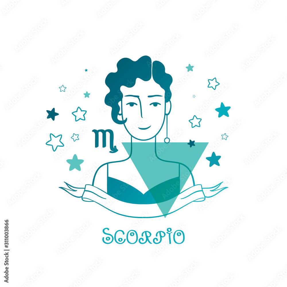 Scorpio astrological sign in doodle style. Cute girl with star's background and the water symbol
