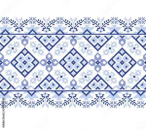 embroidered good like old handmade cross-stitch ethnic Ukraine pattern. Ukrainian towel with ornament