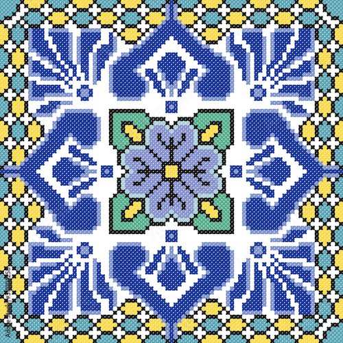 embroidered good like old handmade cross-stitch ethnic Ukraine pattern. Ukrainian towel with ornament