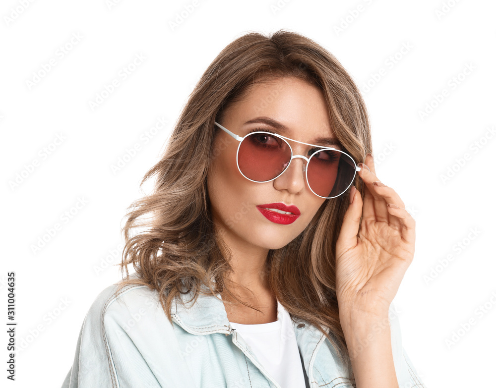 Young woman wearing stylish sunglasses on white background Young woman wearing stylish sunglasses on white background