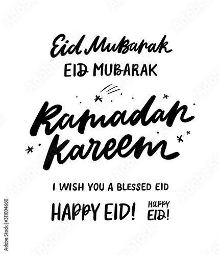 Ramadan Kareem and Eid Mubarak hand drawn lettering. Vector templates for greeting card  invitation  banner  poster design.