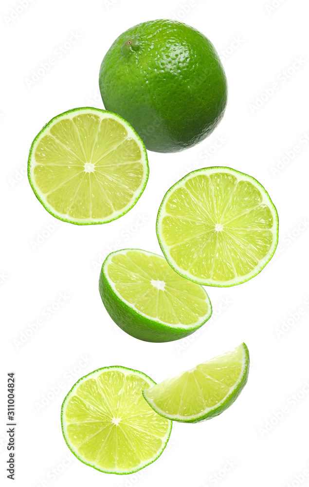Collage of falling limes on white background