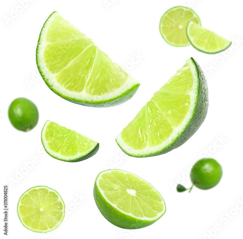 Collage of flying limes on white background