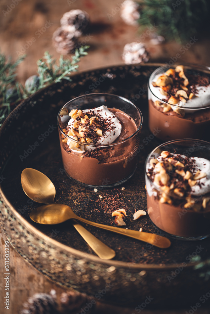 Petits Pots de Crème au Chocolat Vegan, Mousse au lait de coco et  Noisettes. Stock Photo | Adobe Stock