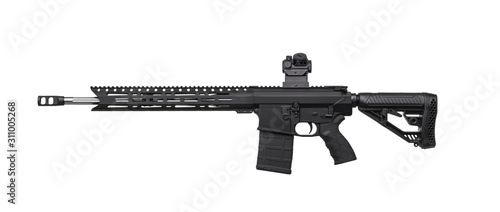Modern automatic carbine with collimator sight isolate on white background