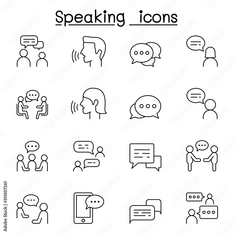 Talk, speech, discussion, dialog, speaking, chat, conference, meeting icon set in thin line styl - obrazy, fototapety, plakaty 