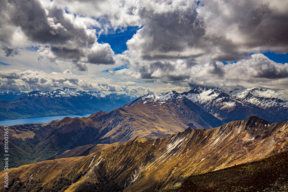 New Zealand, South Island. Otago region. Richardson Mountains. There are Lake Wakatipu and Humboldt Mountains in the background