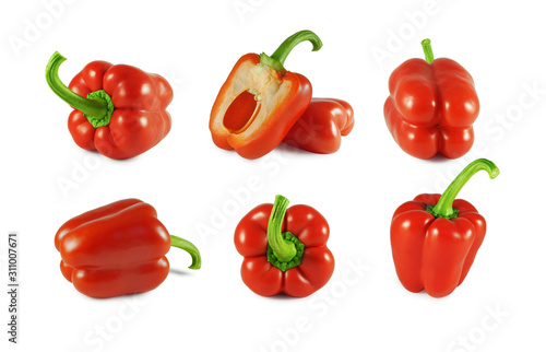 Big set of sweet red pepper, whole and half, isolated on white background. 