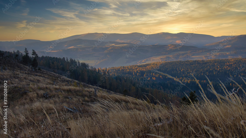 Dramatic autumn sunrise forest hills landscape, Kralova hola Slovakia