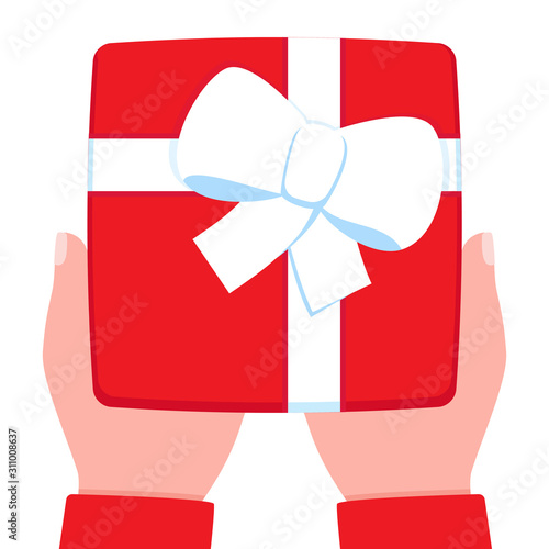 Gift red box in hands with white bow and ribbon. Present, joy, surprise, mystery, donation, giving. Gift in package. Vector illustration on white background