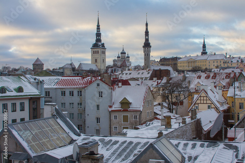 View from a high point on Old Town Tallinn on a winter evening. Estonia