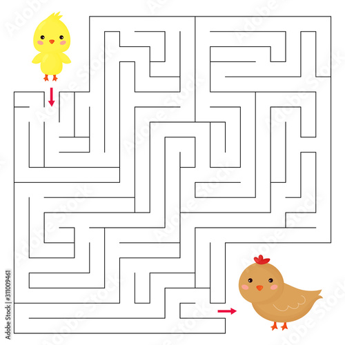 Maze game for kids. Cute animals of farm. Help the chick find right way to his mom. Kawaii cartoon vector characters.