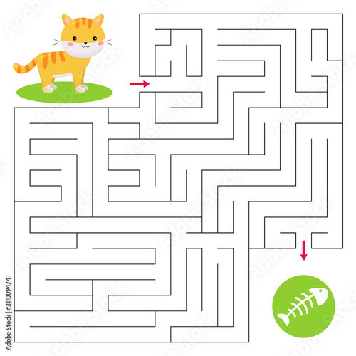 Educational maze game for children. Cute kawaii cat and fish bone. Vector cartoon character.