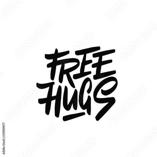 FREE HUGS. MODERN BRUSH CALLIGRAPHY. ISOLATED ON WHITE BACKGROUND. VECTOR HAND LETTERING