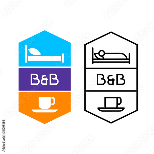 Bed and breakfast logo for hotel service or hostel house. Bed with pillow and cup of coffee symbols. Adjustable stroke width.