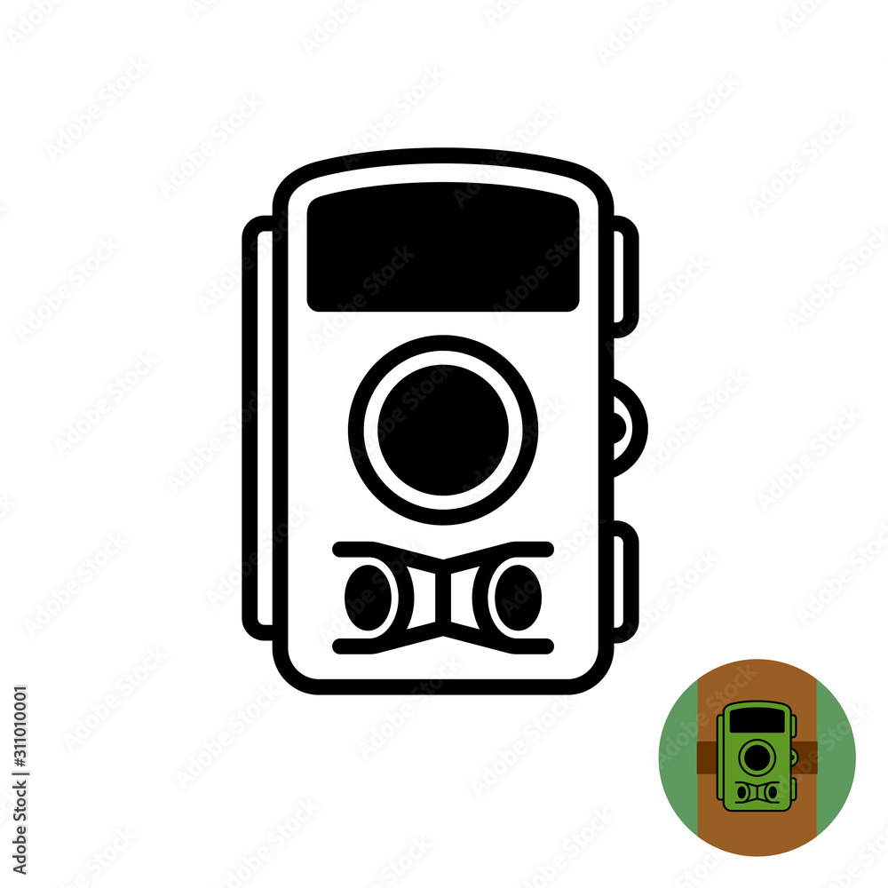 Hunting trap photo camera symbol. Forest tree mount video and photo registration recorder for catching wild animals. Adjustable stroke width. Hunting trap photo camera symbol. Forest tree mount video and photo registration recorder for catching wild animals. Adjustable stroke width.
