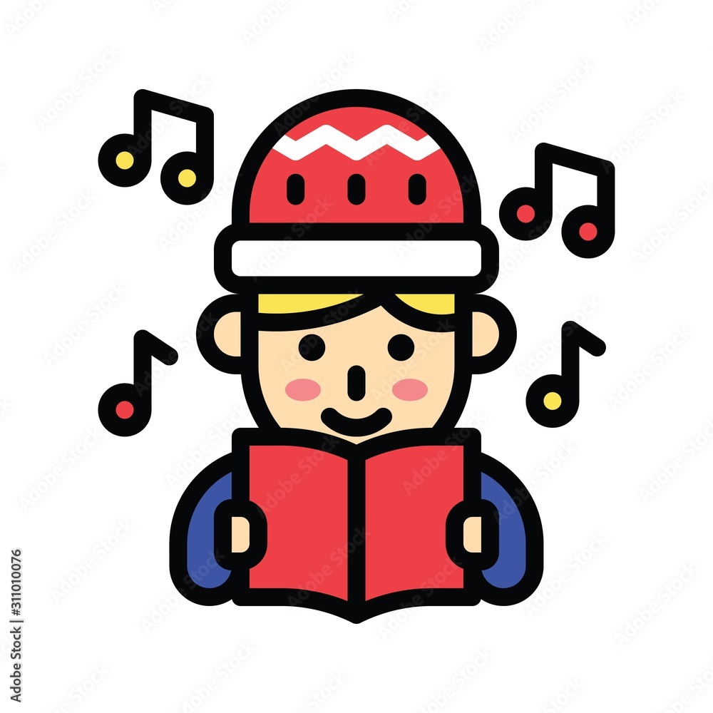 Fototapeta premium Christmas related cute boy read carol book avatar with editable stroke