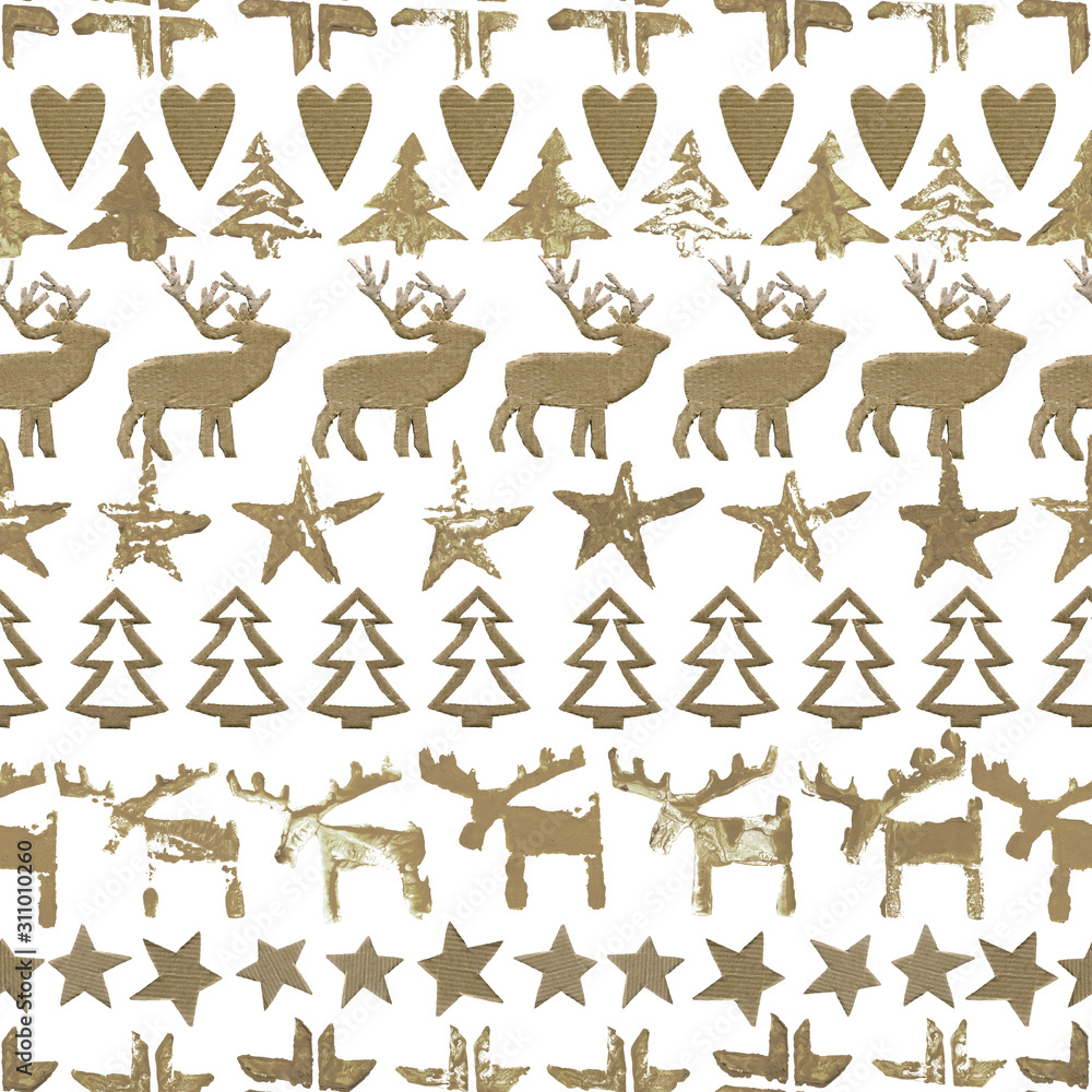 Christmas seamless textured background. hand drawun craft pattern. reindeer illustration. wrapping paper for winter holidays.