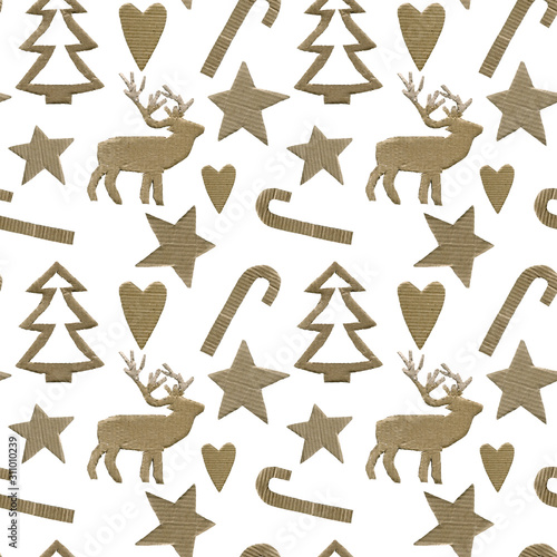 Christmas seamless textured background. hand drawun craft pattern. reindeer illustration. wrapping paper for winter holidays. photo