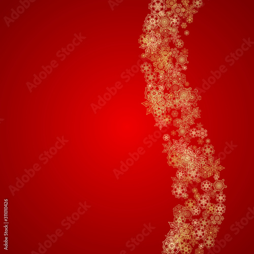 Christmas snowflakes on red background. Glitter frame for seasonal winter banners  gift coupon  voucher  ads  party event. Santa Claus colors with golden Christmas snowflakes. Falling snow for holiday