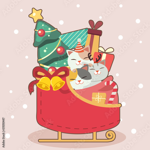 The characteer of cute cat sitting in the sleigh. in the sleigh have a christmas tree and gift box and bell with the ribbon. The character of cute cat in flat vector style. photo