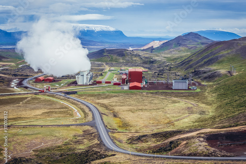 General view of Krafla Power Station in Krafla volcanic area, largest geothermal power station in Iceland photo