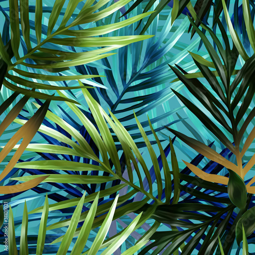 Palm leaves seamless pattern. Artistic background.
