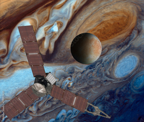 Satellite Europa, Jupiter's moon with Juno spacecraft   