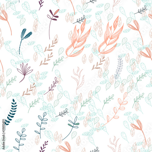 Trendy outline native foliage and leaves seamless pattern. Small and medium elements paradise flora leaves.Vector illustration. © WI-tuss