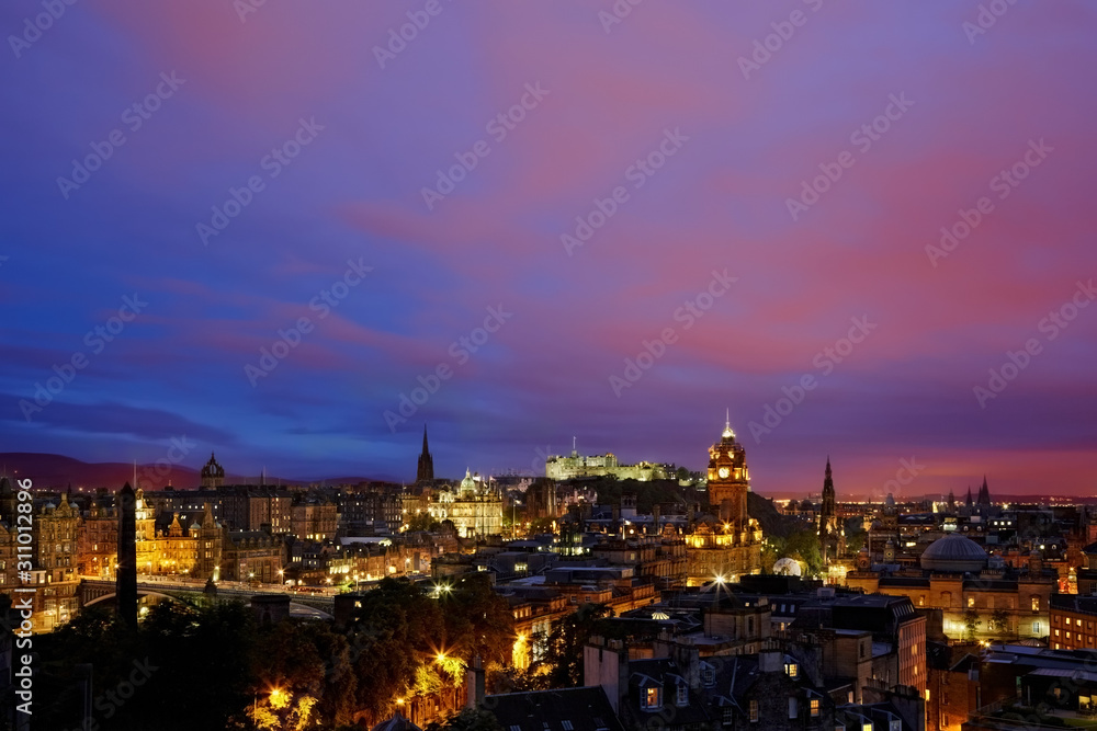 sunset over night Edinburgh, Scotland