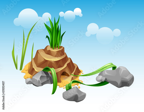 vector sand little house with stones and grass