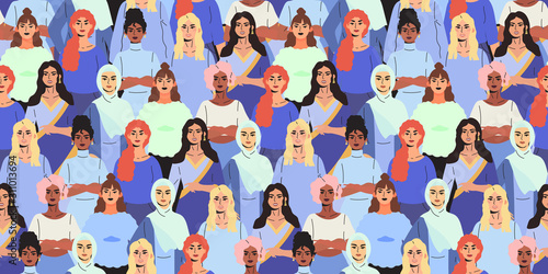 Vector illustration of diverse beautiful strong women on a demonstration, meeting or conference. International women day seampless pattern for wrapping, textile, fabric and other decor.