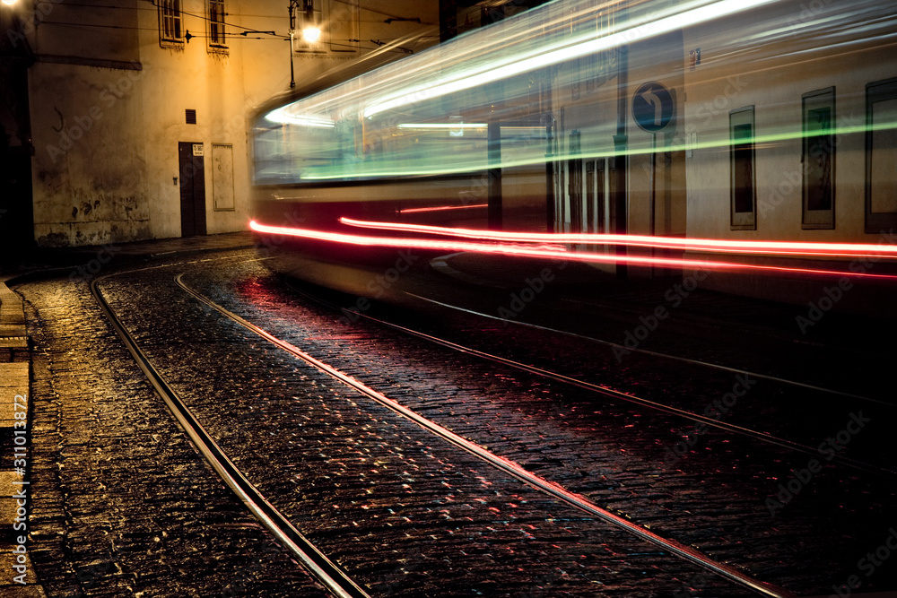 Fototapeta premium tram at night in Prague