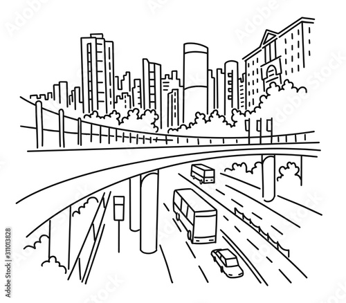 City street sketch. Building architecture landscape panorama. Skyscrapers view. Road, highway transport. Hand drawn black line.