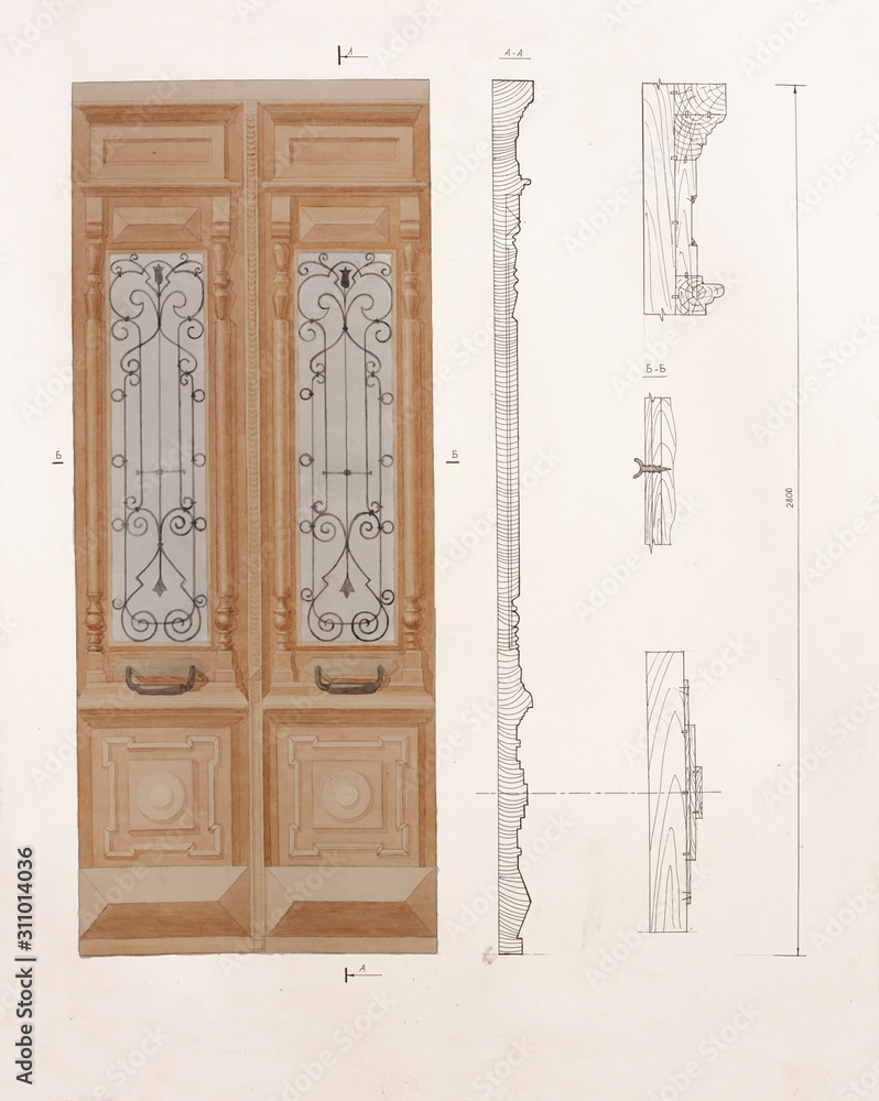 Architectural drawing of antique wooden door with a details and sections Architectural drawing of antique wooden door with a details and sections