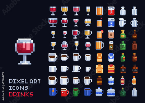 Vector pixel art illustration - hot, cold and alcohol drinks set coffee, tea, vine, whiskey 8 bit icons.
