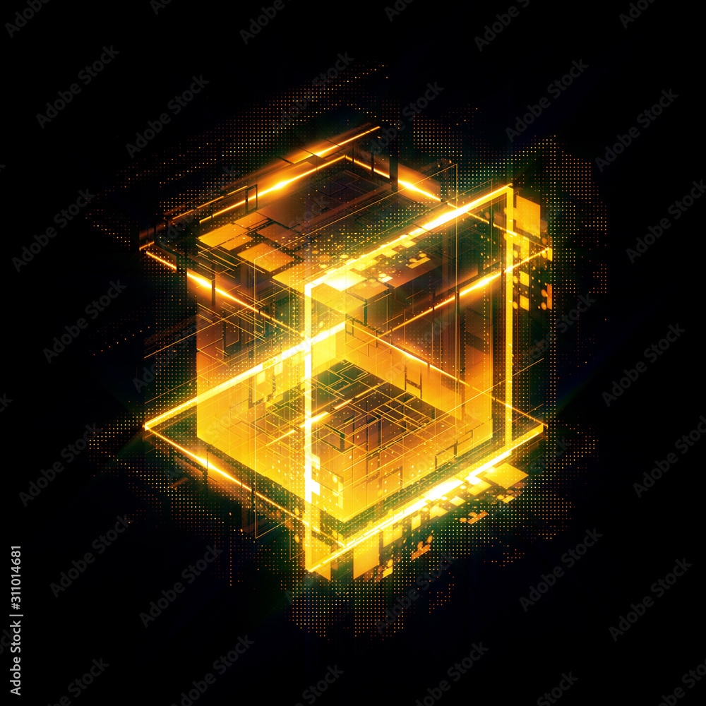Abstract dark background. Bright box. Shine square. .Light geometry. Smart code. Energy effect. Big data. .Digital chip. Glare grid lines. Glow cubes. CPU core. .Hi Tech. Mobile innovation. SSD Board