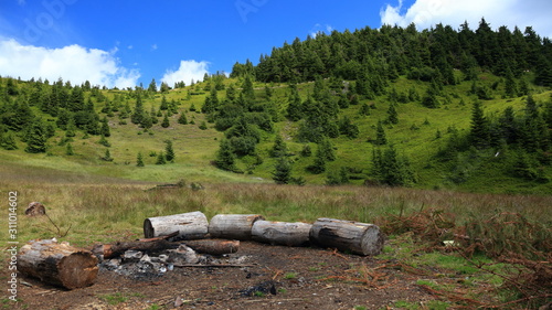 Lovely camping site in green Carpathian mountains, Ukraine