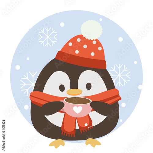 The character of cute penguin holding a pink coffee cup with circle blue background and snowflake. The cute penguin wear scarf and winter hat. The character of cute penguin in flat vector style.