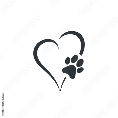Animal love symbol paw print with heart, isolated vector