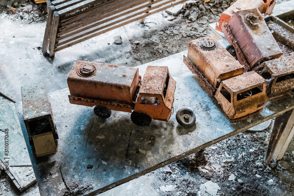 Toys in the abandoned kindergarten in the ghost town of Pripyat, Ukraine Toys in the abandoned kindergarten in the ghost town of Pripyat, Ukraine