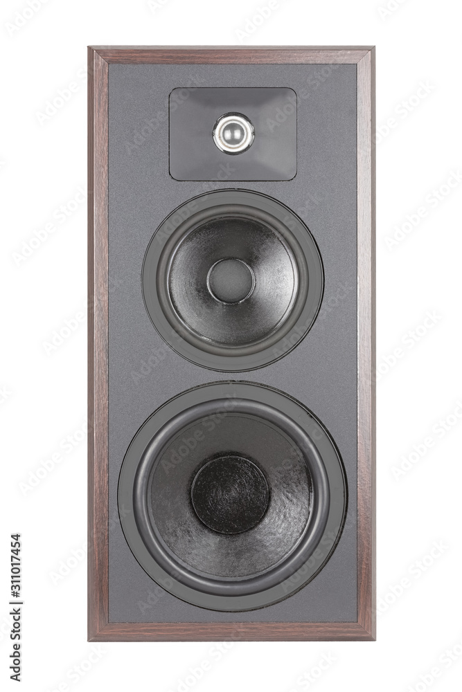 Formerly a professional three-way audio speaker made of wood. Front view of the object Formerly a professional three-way audio speaker made of wood. Front view of the object