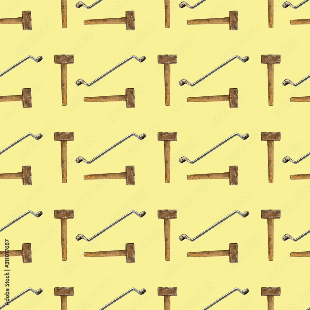 Seamless light yellow background of wrench and hammer Seamless light yellow background of wrench and hammer