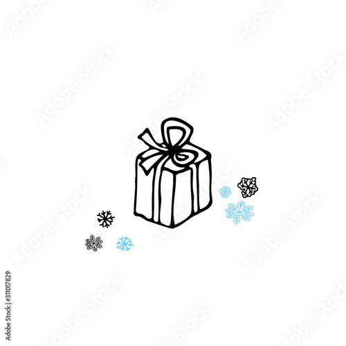 gift box with ribbon and bow with snowflakes on white background